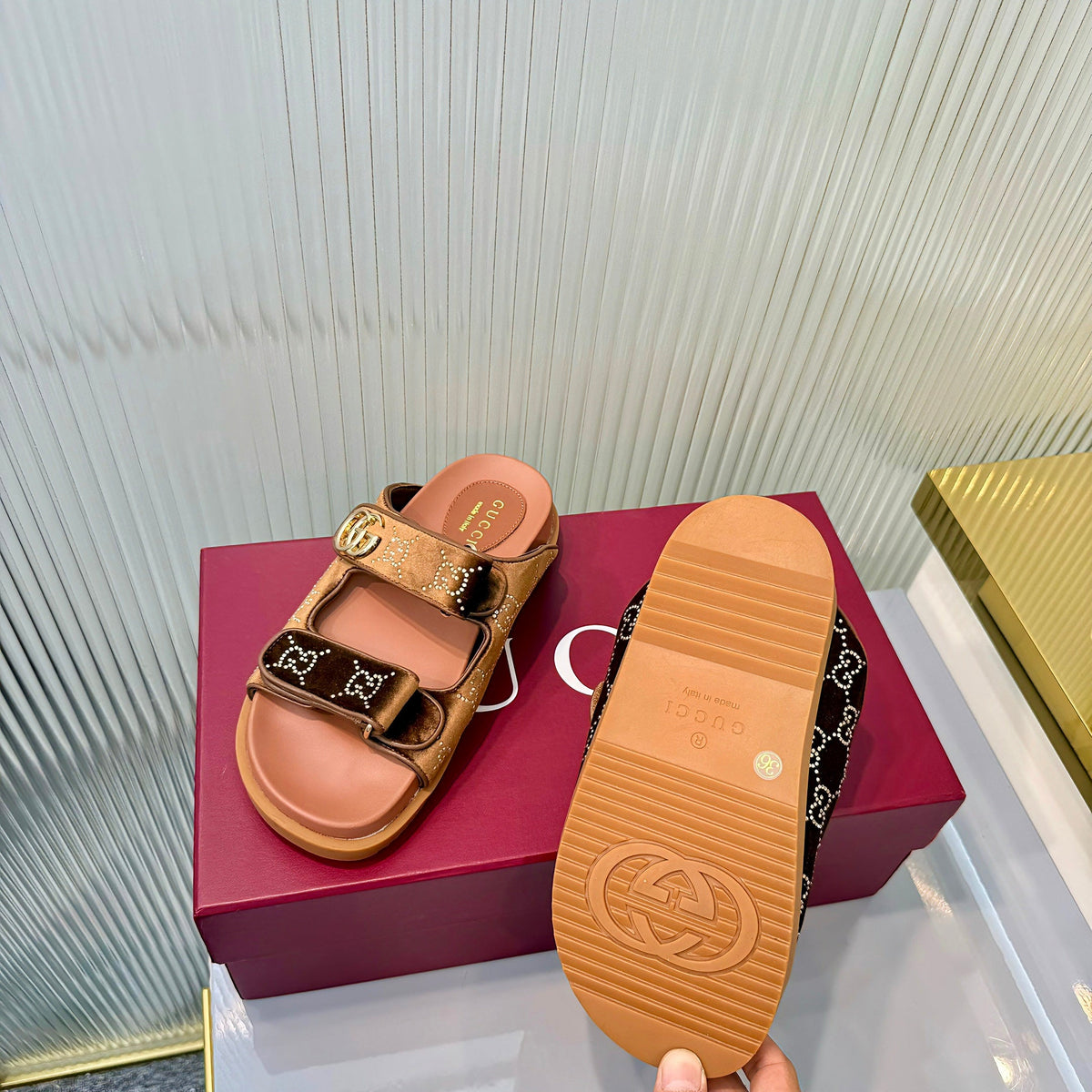 GG 26s Dad Mule Sandals Brown Leather Velvet 714870