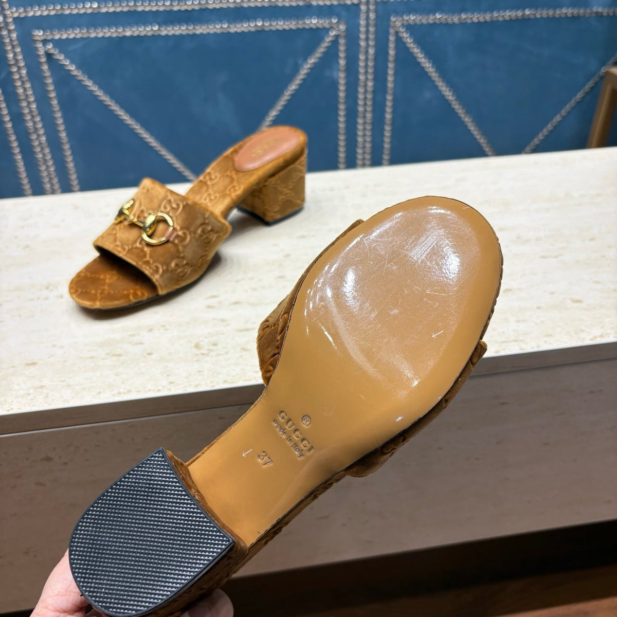 GG 26ss Chunky Heel Sandals 55 Brown Velvet 741299