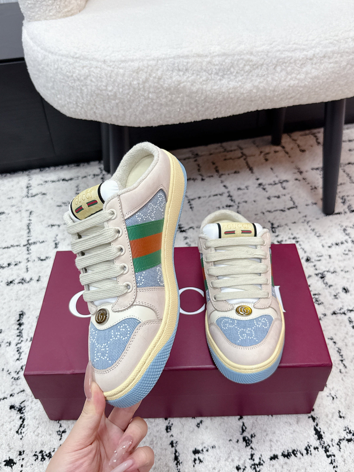 GG Screener Sneaker White Blue Mesh Leather 769552