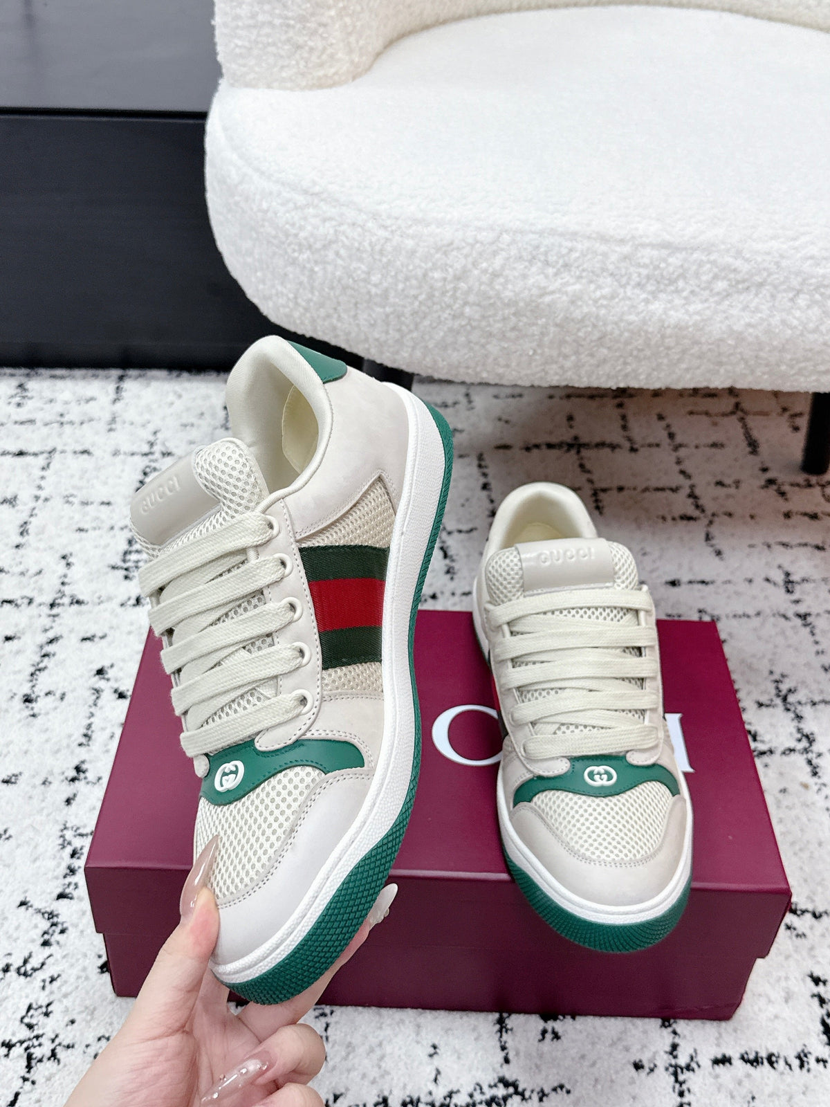GG Screener Sneaker White Dark Green Mesh Leather 769554