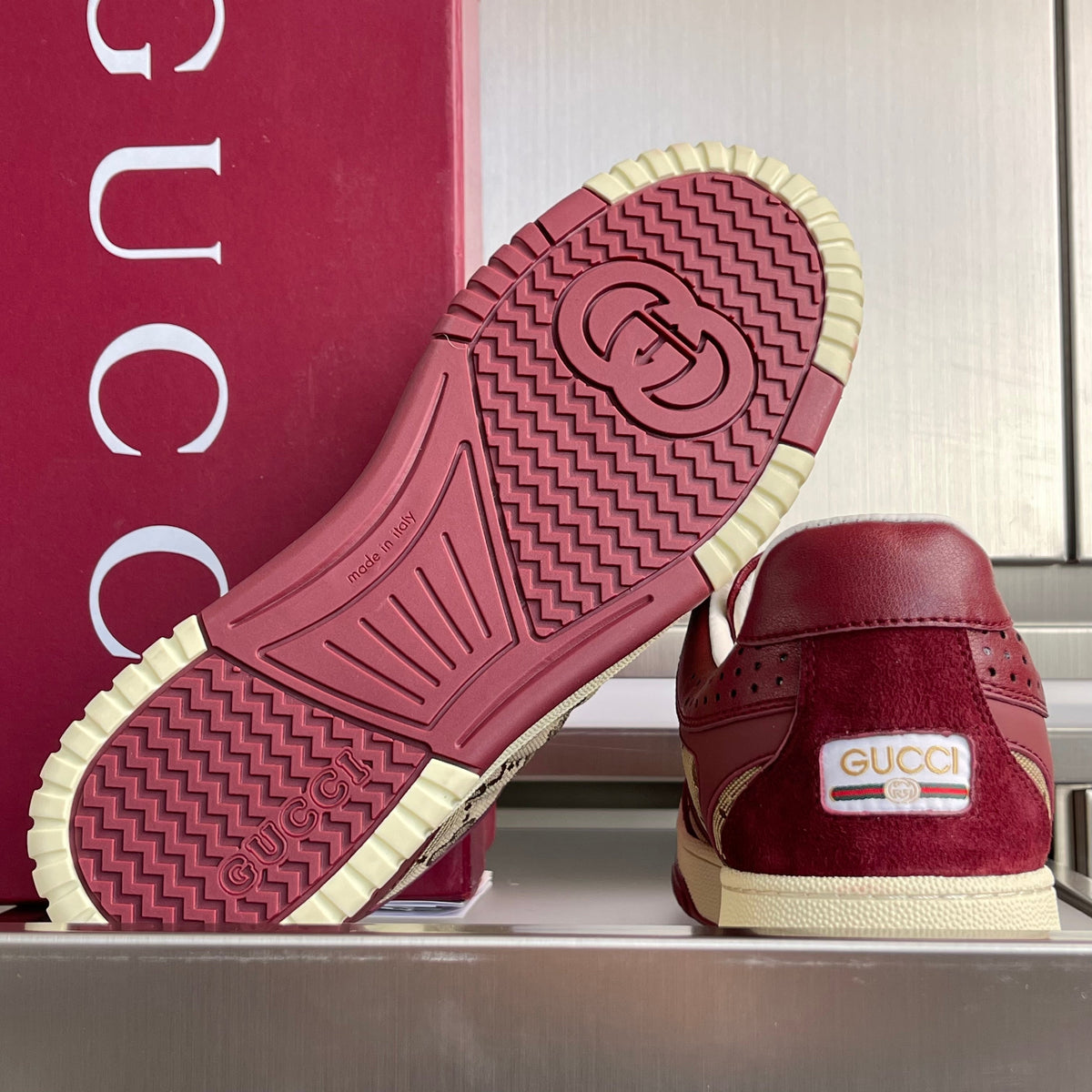 GG Women's Re-Web Trainers Beige Burgundy Cowhide Canvas 609258