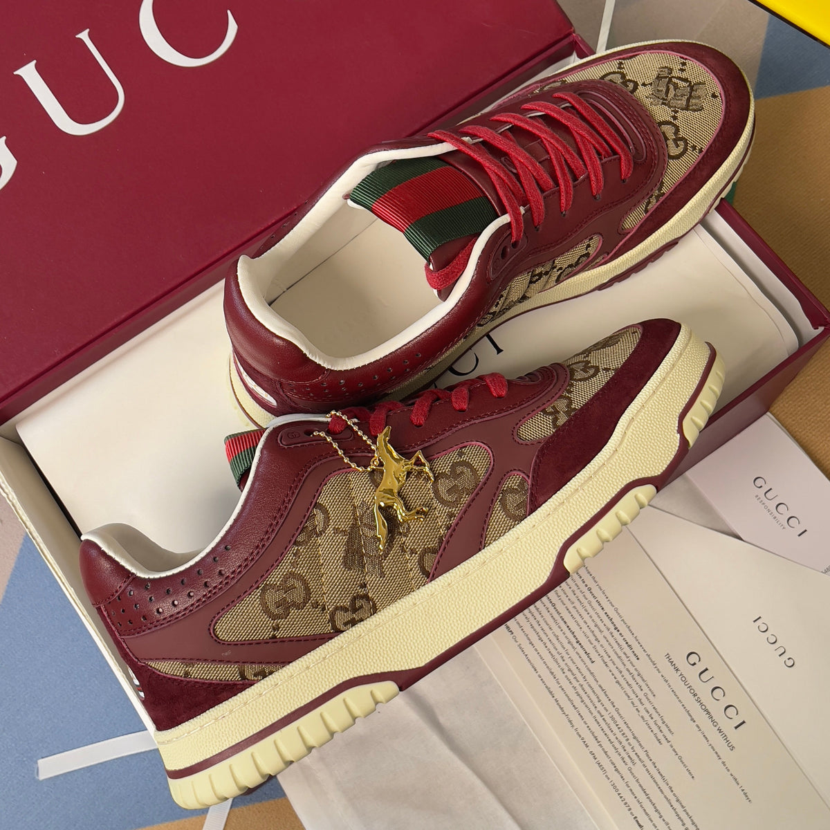 GG Women's Re-Web Trainers Beige Burgundy Cowhide Canvas 609258