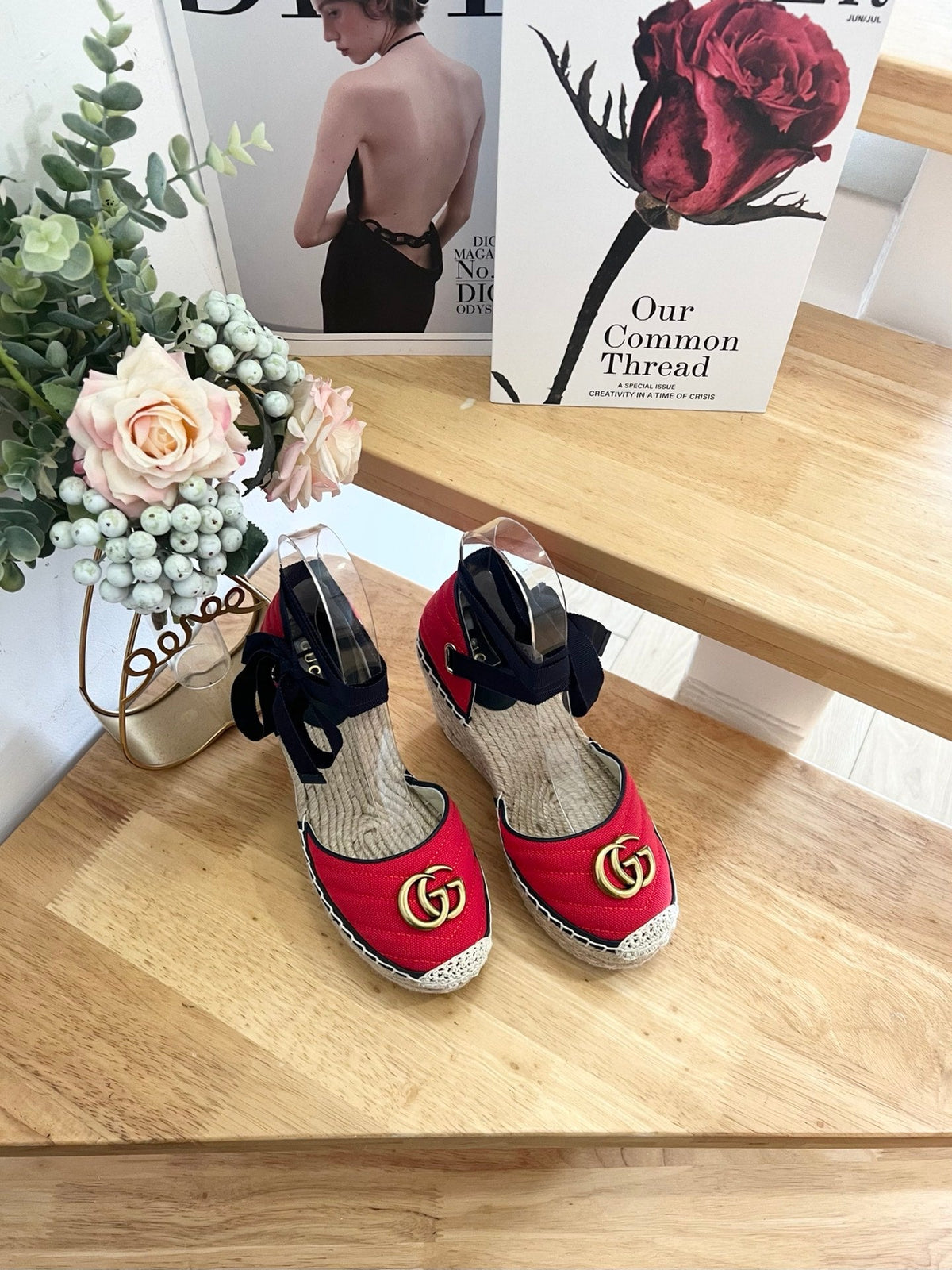 GG 26ss Platform Wedge Sandals 10cm Red Straw Canvas 692206