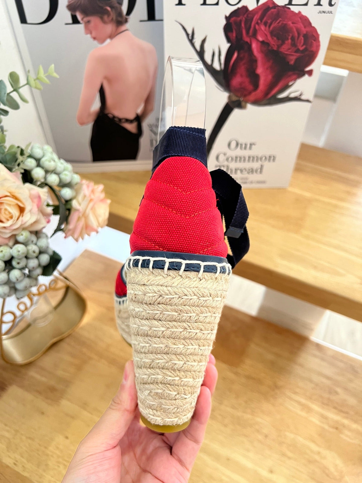 GG 26ss Platform Wedge Sandals 10cm Red Straw Canvas 692206