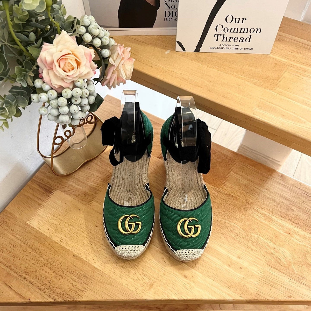 GG 26ss Platform Wedge Sandals 10cm Green Straw Canvas 692207