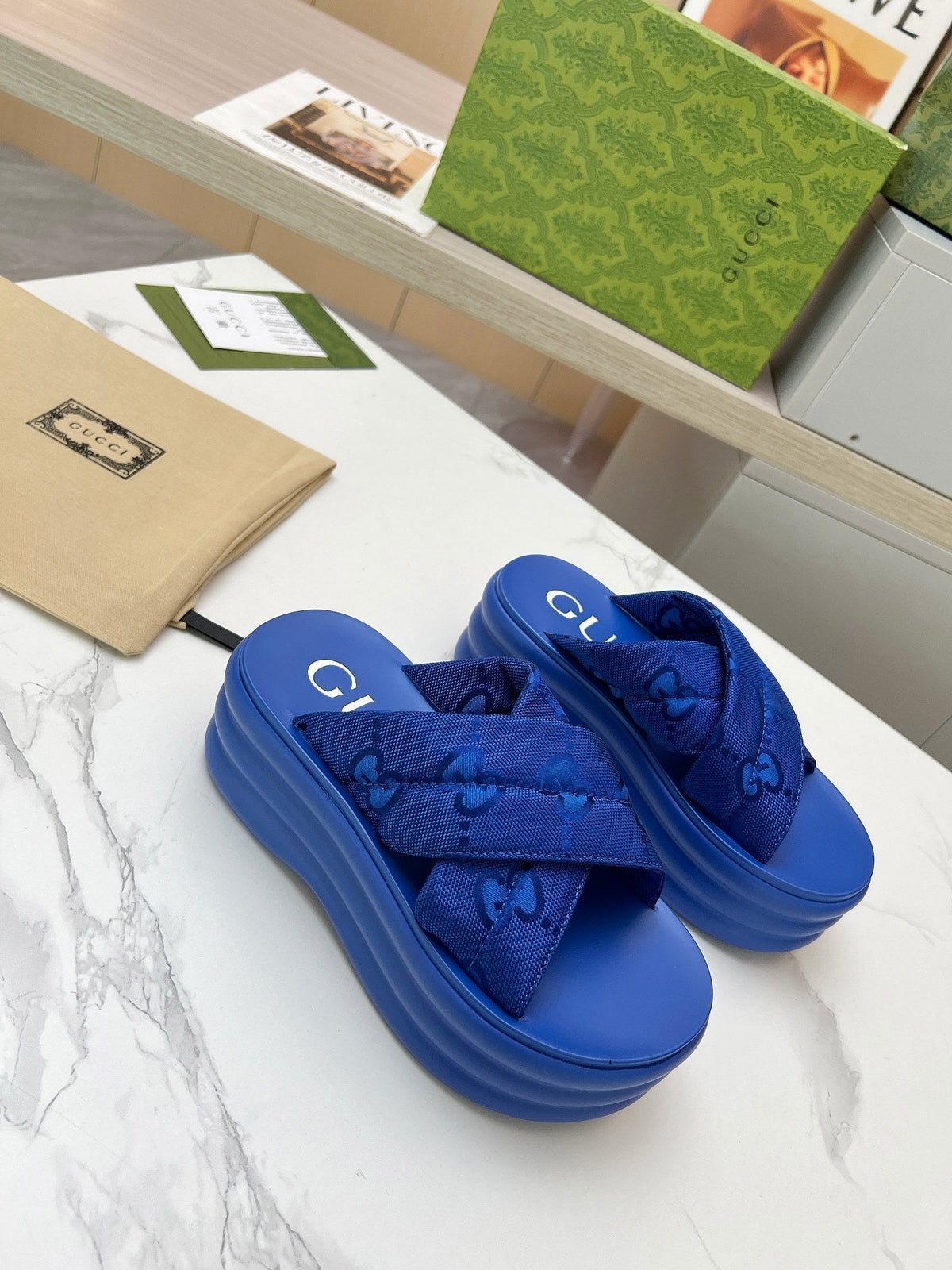 GG waterproof platform slippers blue fabric