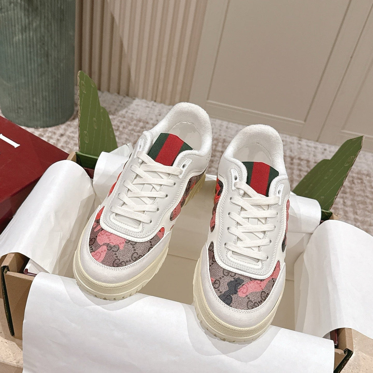 GG Re-Web Sneakers White Black Light Pink Calfskin 584475