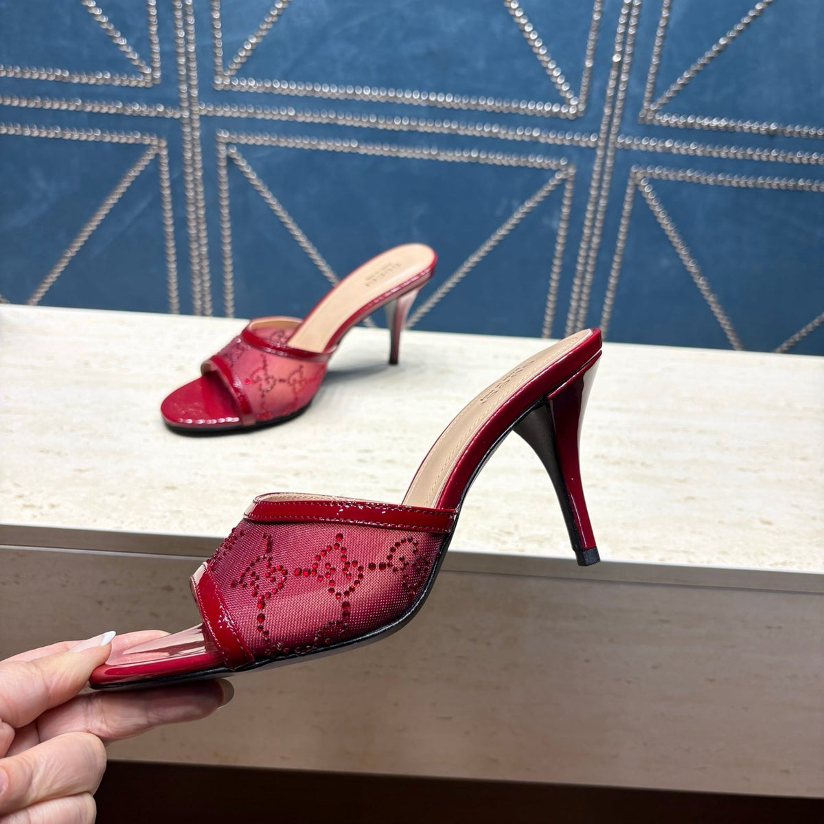 GG Women's Crystal Slide 8.5cm Sandal Burgundy Mesh Leather 741297