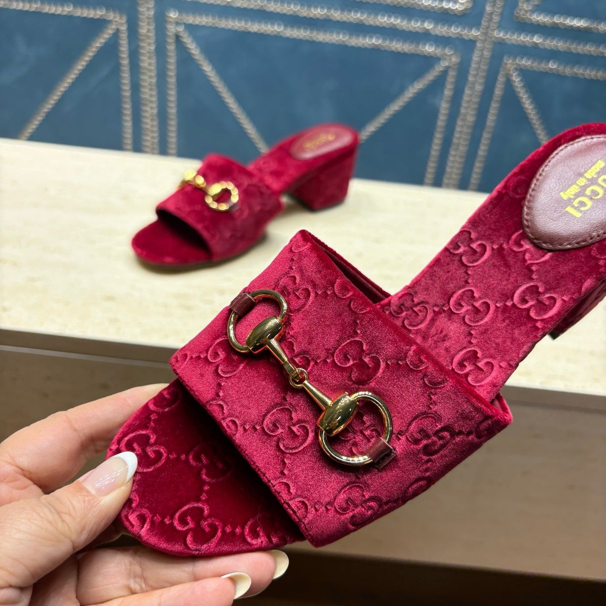 GG 26ss Chunky Heel Sandals 55 Bugundy Velvet 741301