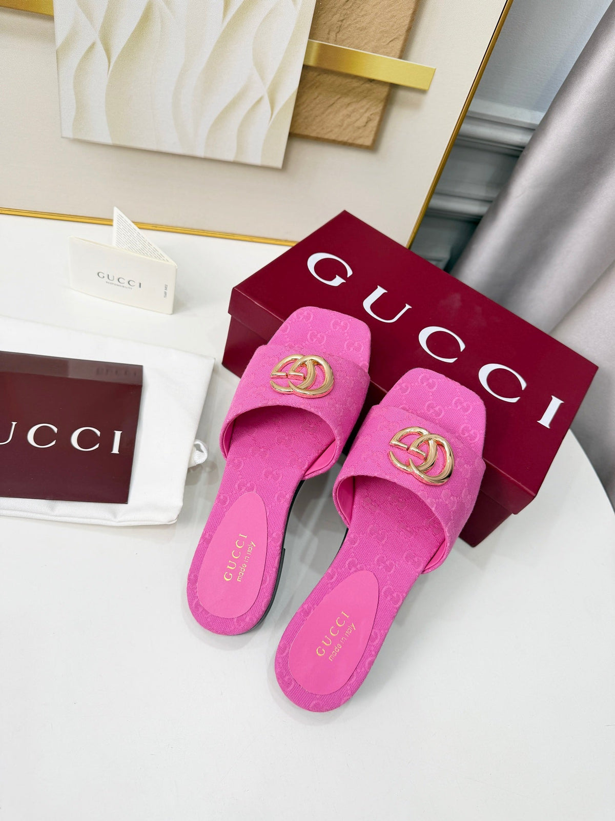 GG 2026 Early Spring Mule Hot Pink Canvas Sheepskin 688515