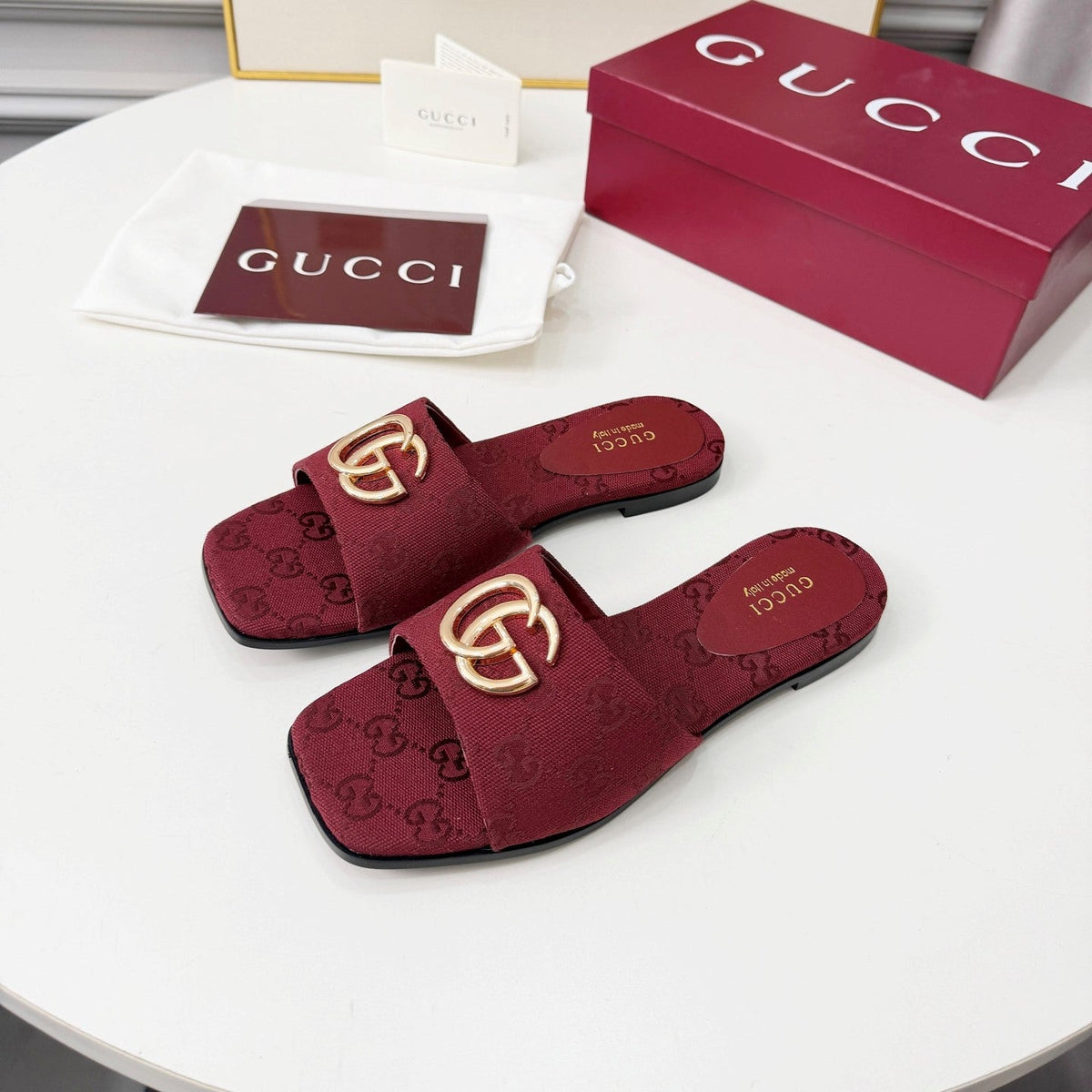 GG 2026 Early Spring Mule Burgundy Canvas Sheepskin 688516