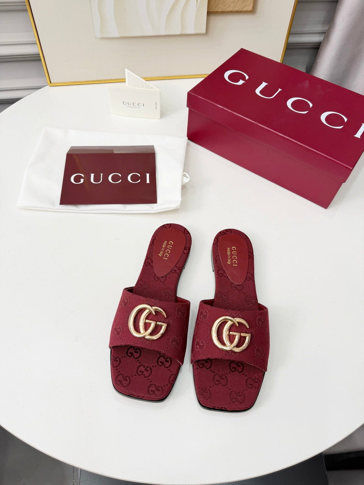 GG 2026 Early Spring Mule Burgundy Canvas Sheepskin 688516