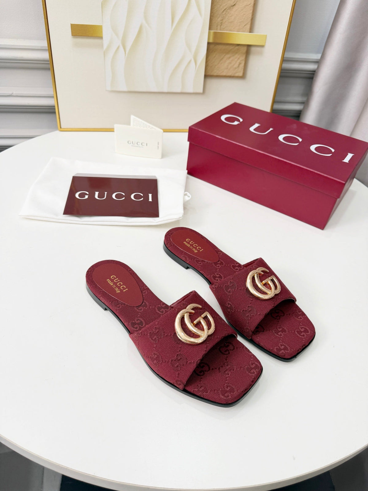 GG 2026 Early Spring Mule Burgundy Canvas Sheepskin 688516