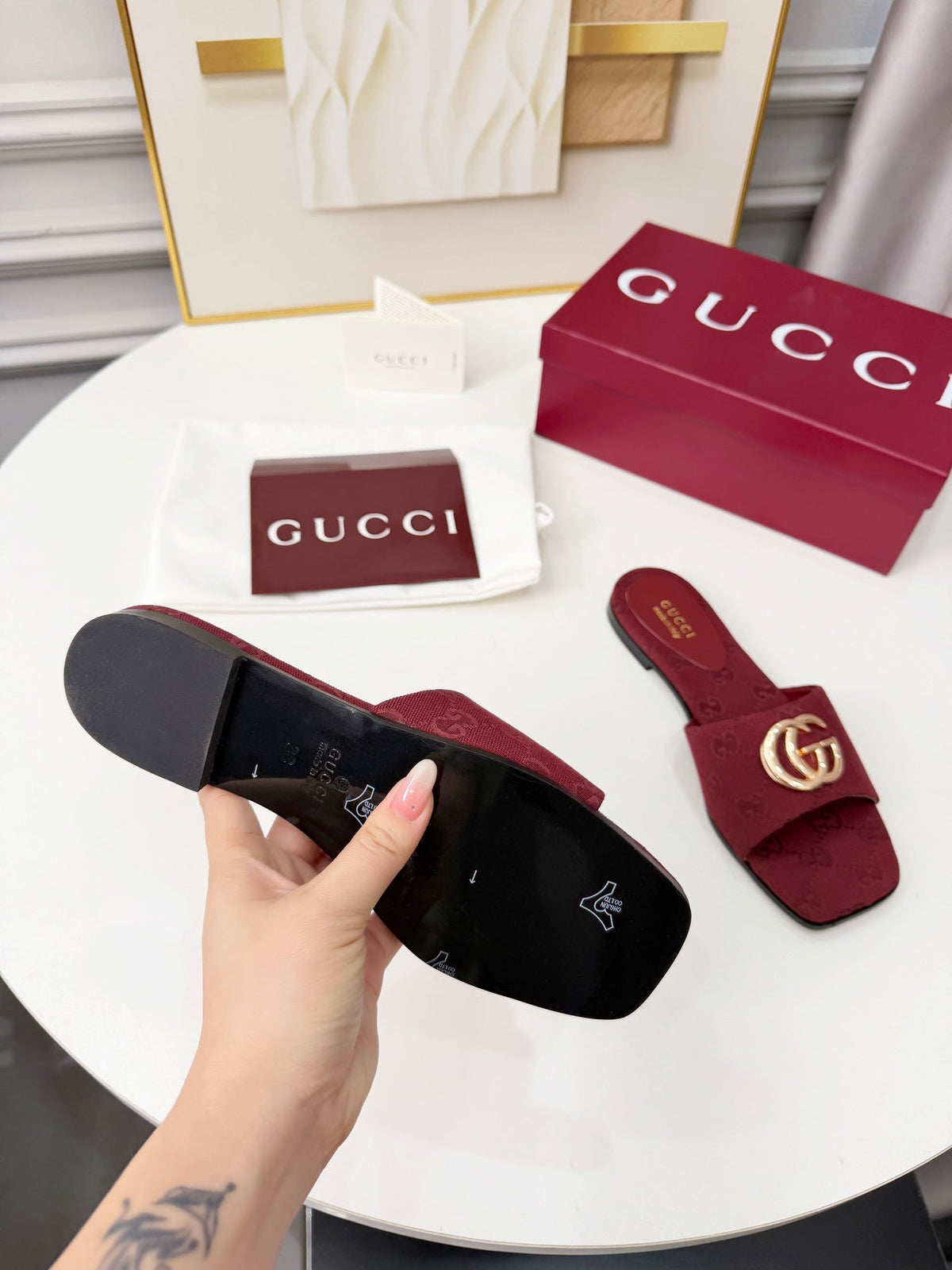 GG 2026 Early Spring Mule Burgundy Canvas Sheepskin 688516