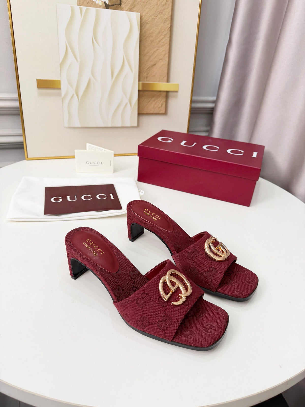 GG 2026 Early Spring Sandals Burgundy Canvas Sheepskin 688525
