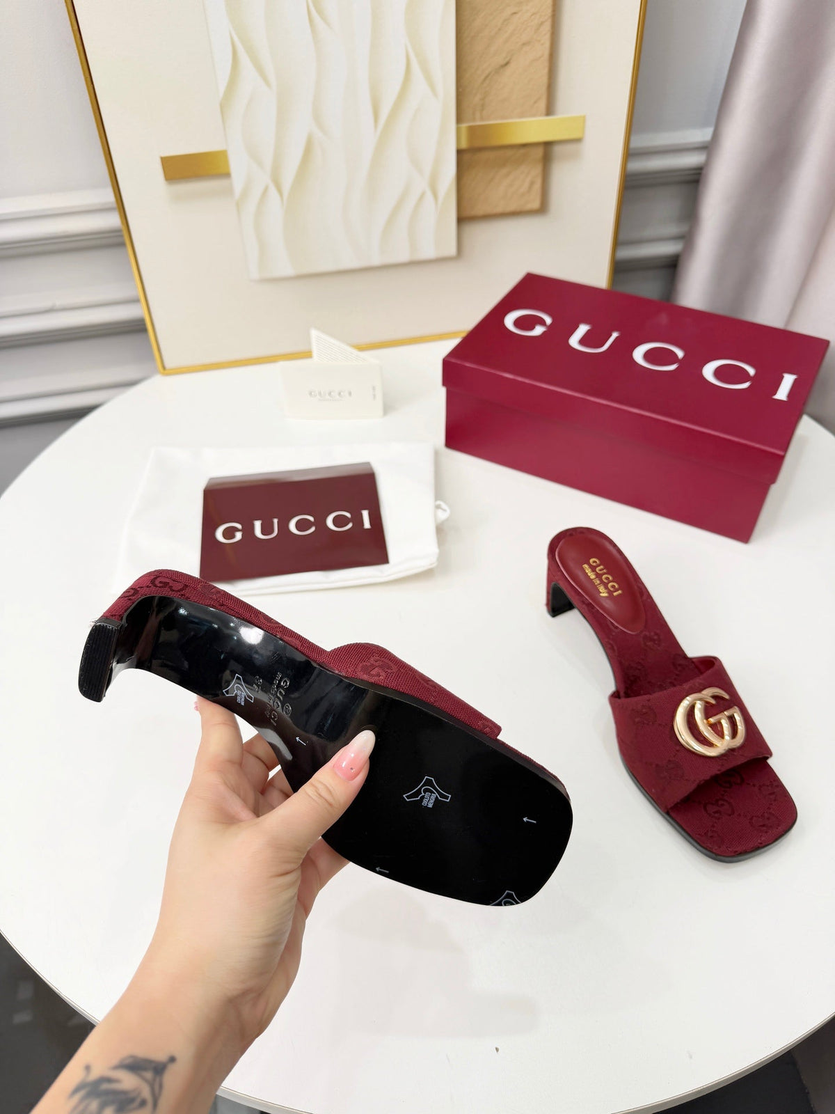 GG 2026 Early Spring Sandals Burgundy Canvas Sheepskin 688525