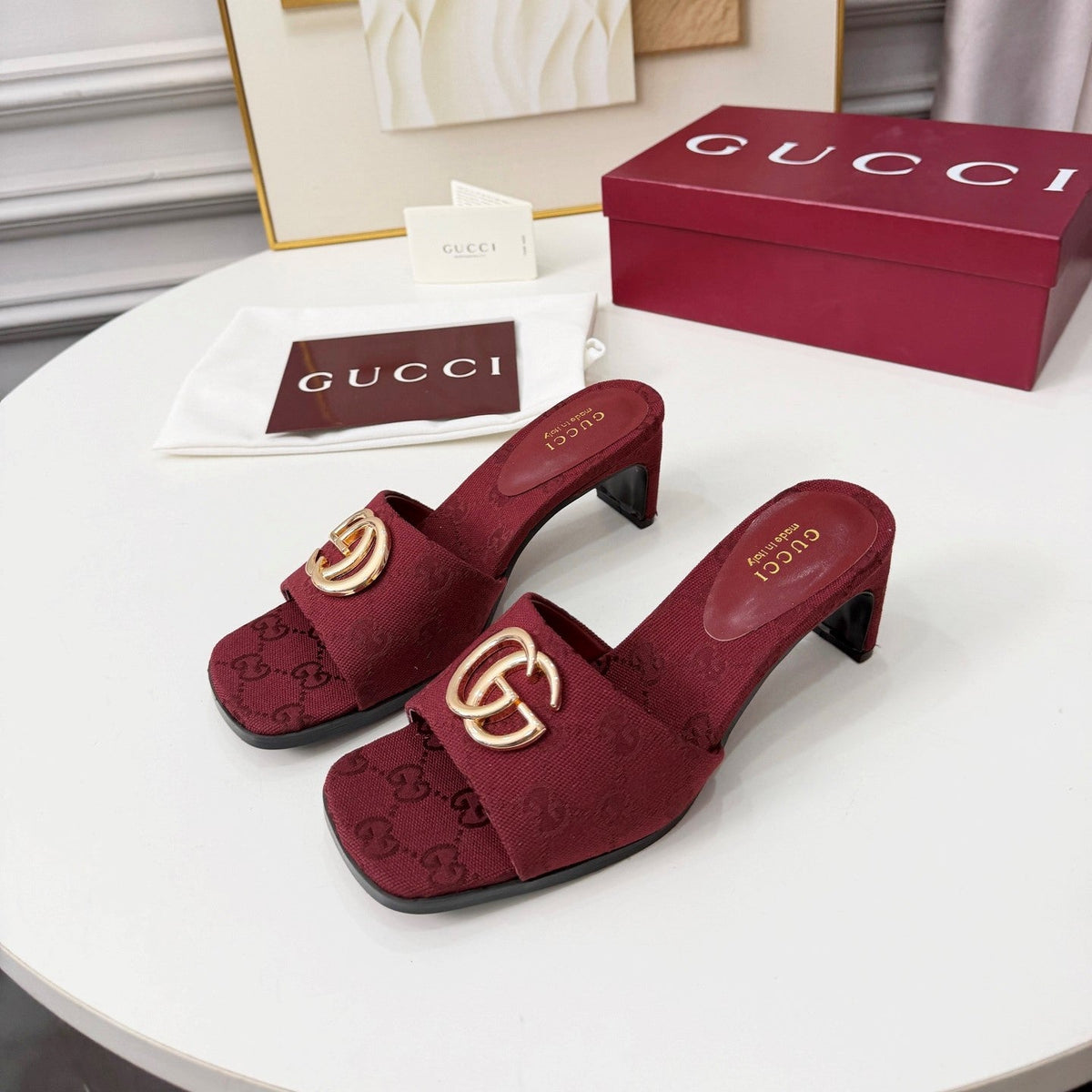 GG 2026 Early Spring Sandals Burgundy Canvas Sheepskin 688525