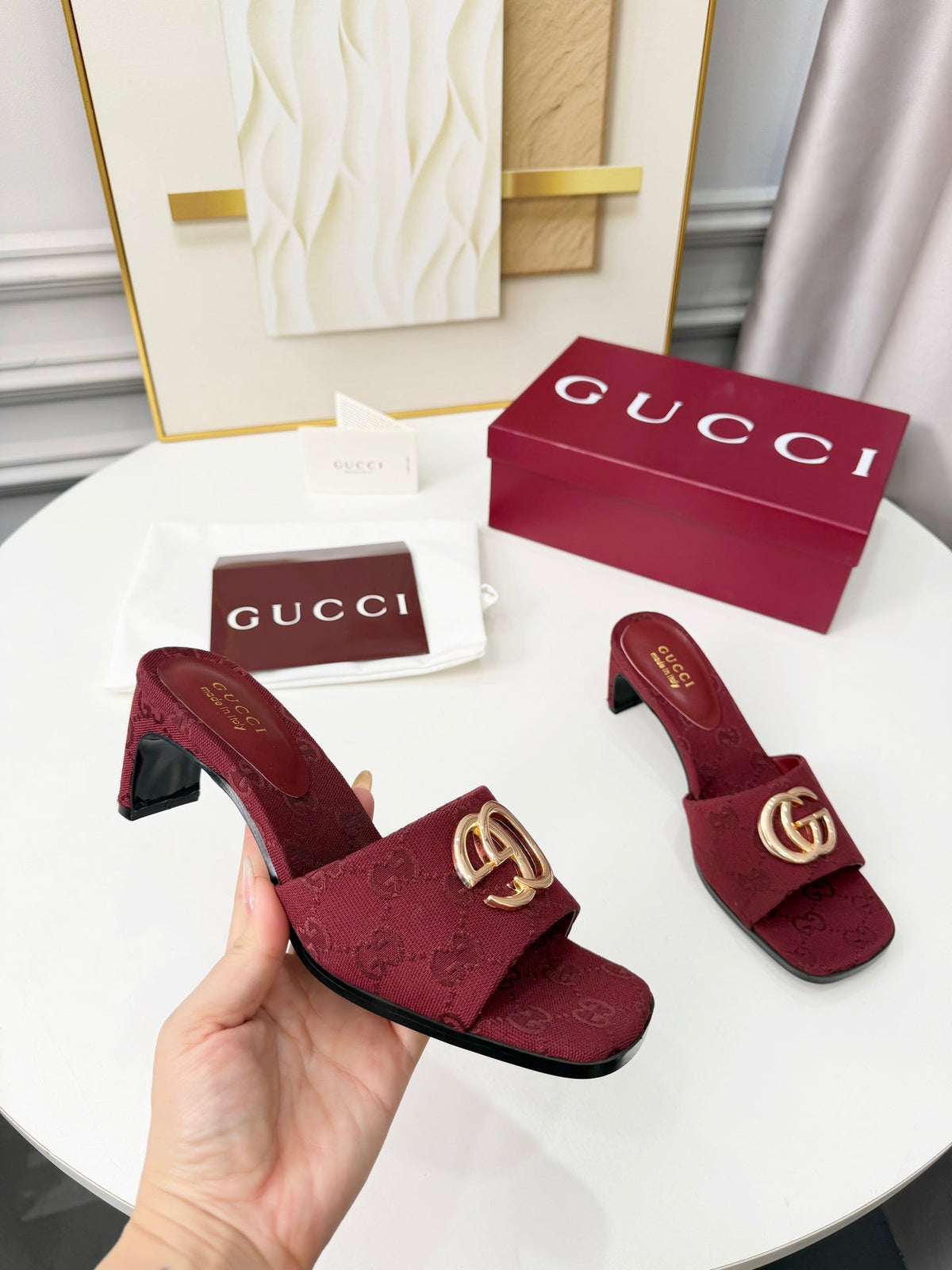 GG 2026 Early Spring Sandals Burgundy Canvas Sheepskin 688525