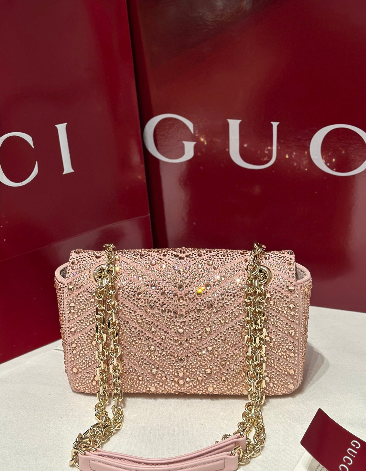 GG Marmont Crystals Small Shoulder Bag Pink Leather