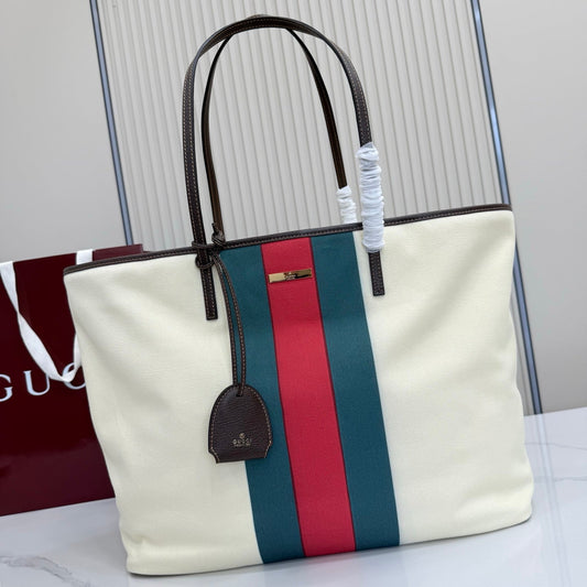 GG Tribeca Large Tote Bag Cream Red Green Canvas Cowhide 141731
