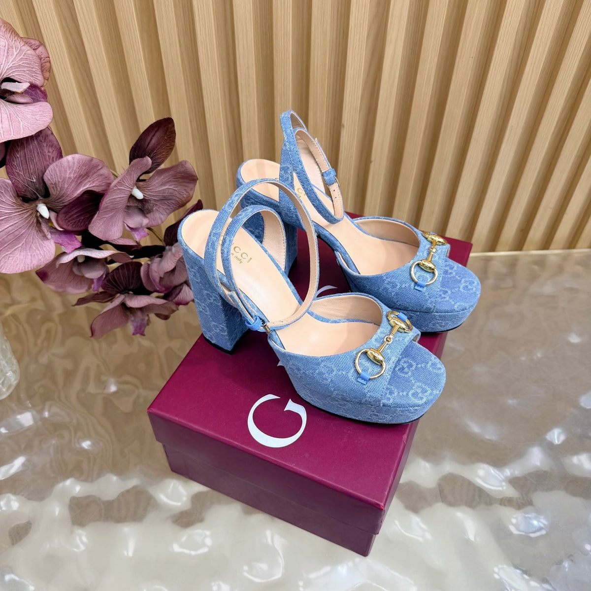 GG 26s Horsebit Platform Sandals 11cm Blue Suede 886502