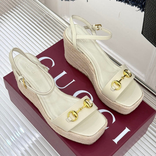 GC Floral Platform Wedge Sandal White lambskin