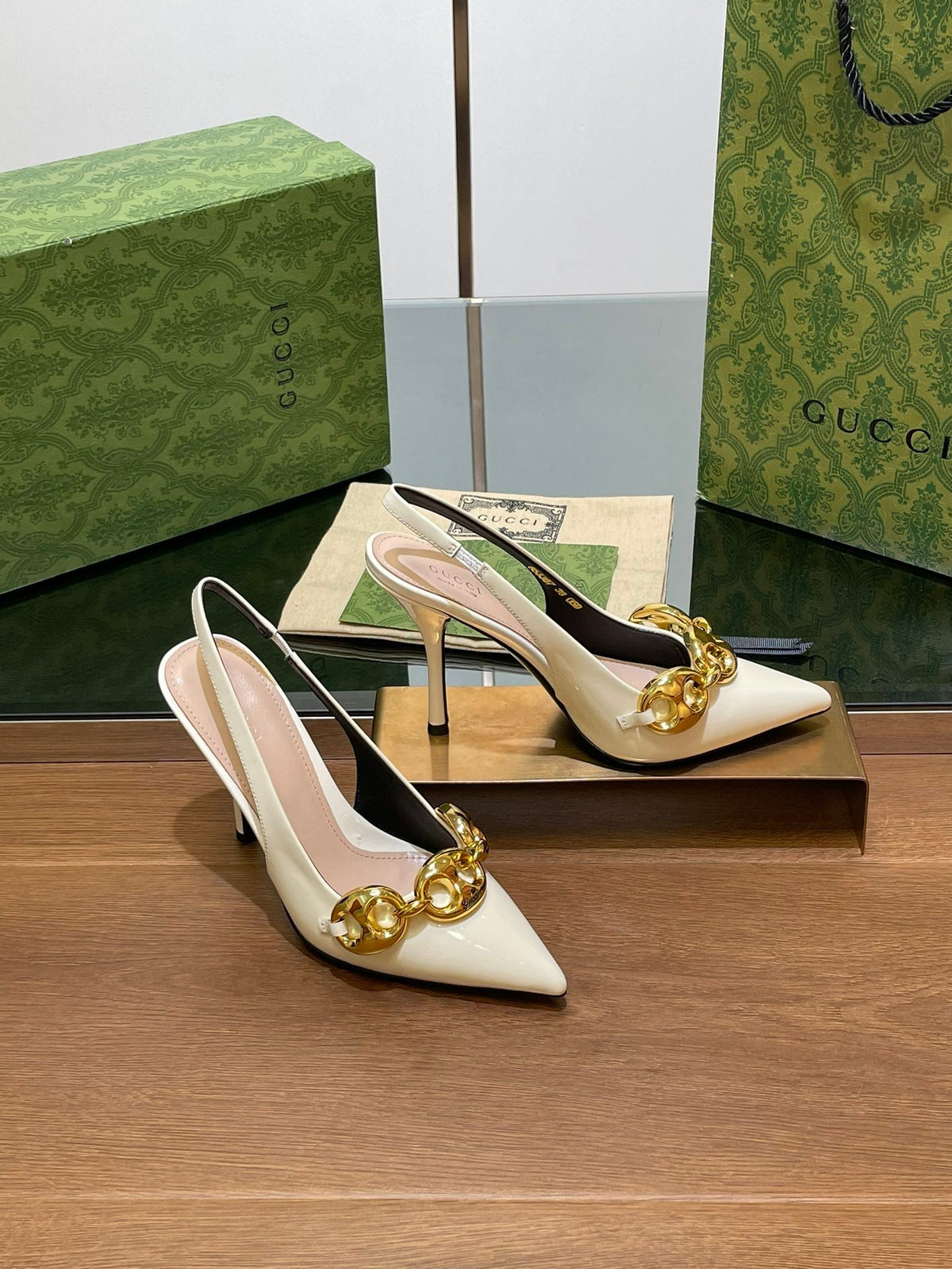 GG HIGH SLINGBACK 10.5 CM IN WHITE GLOSSY CALFSKIN