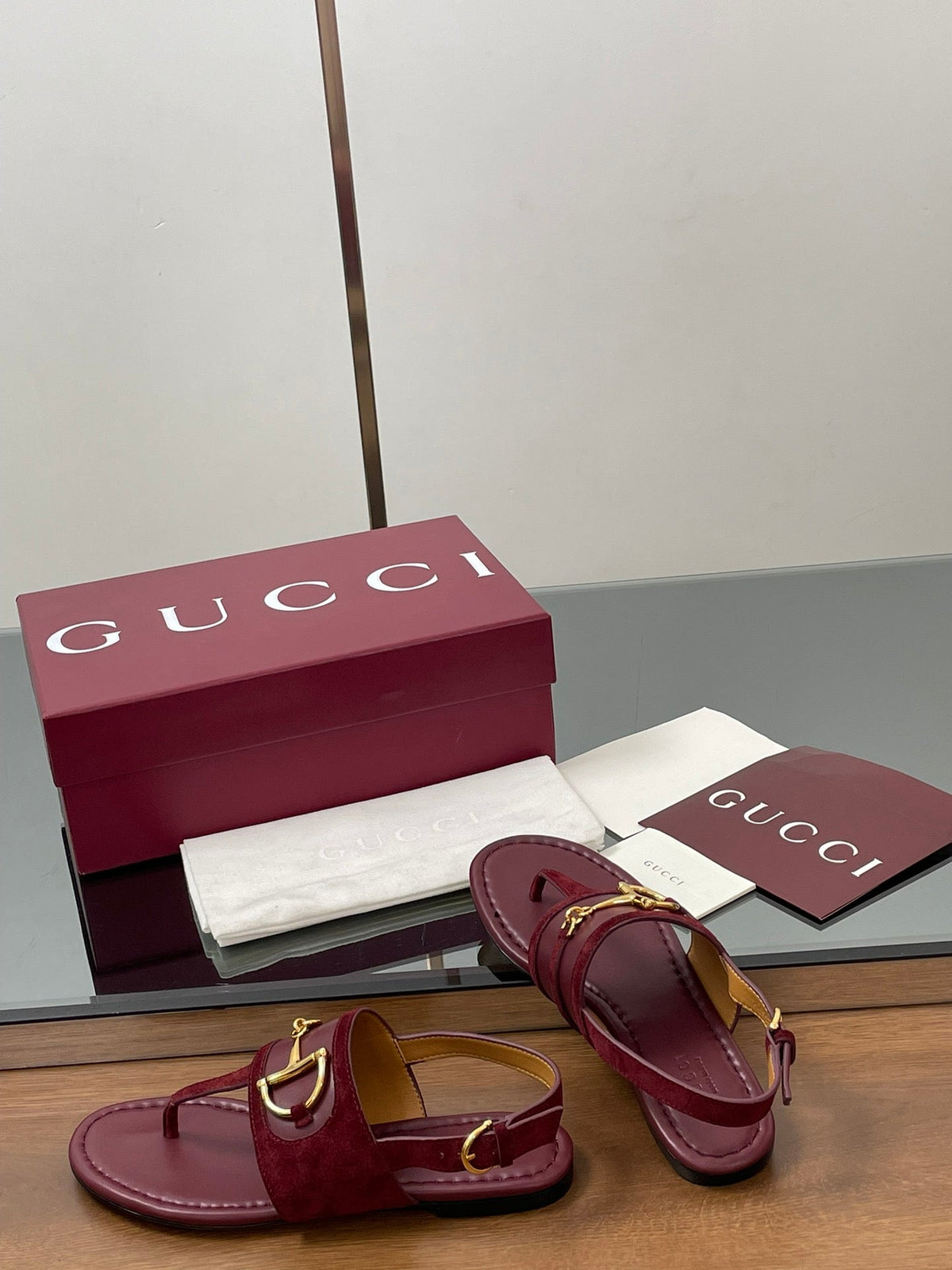 GG Horsebit Thong Flat Sandals Burgundy Sheepskin Suede 646471