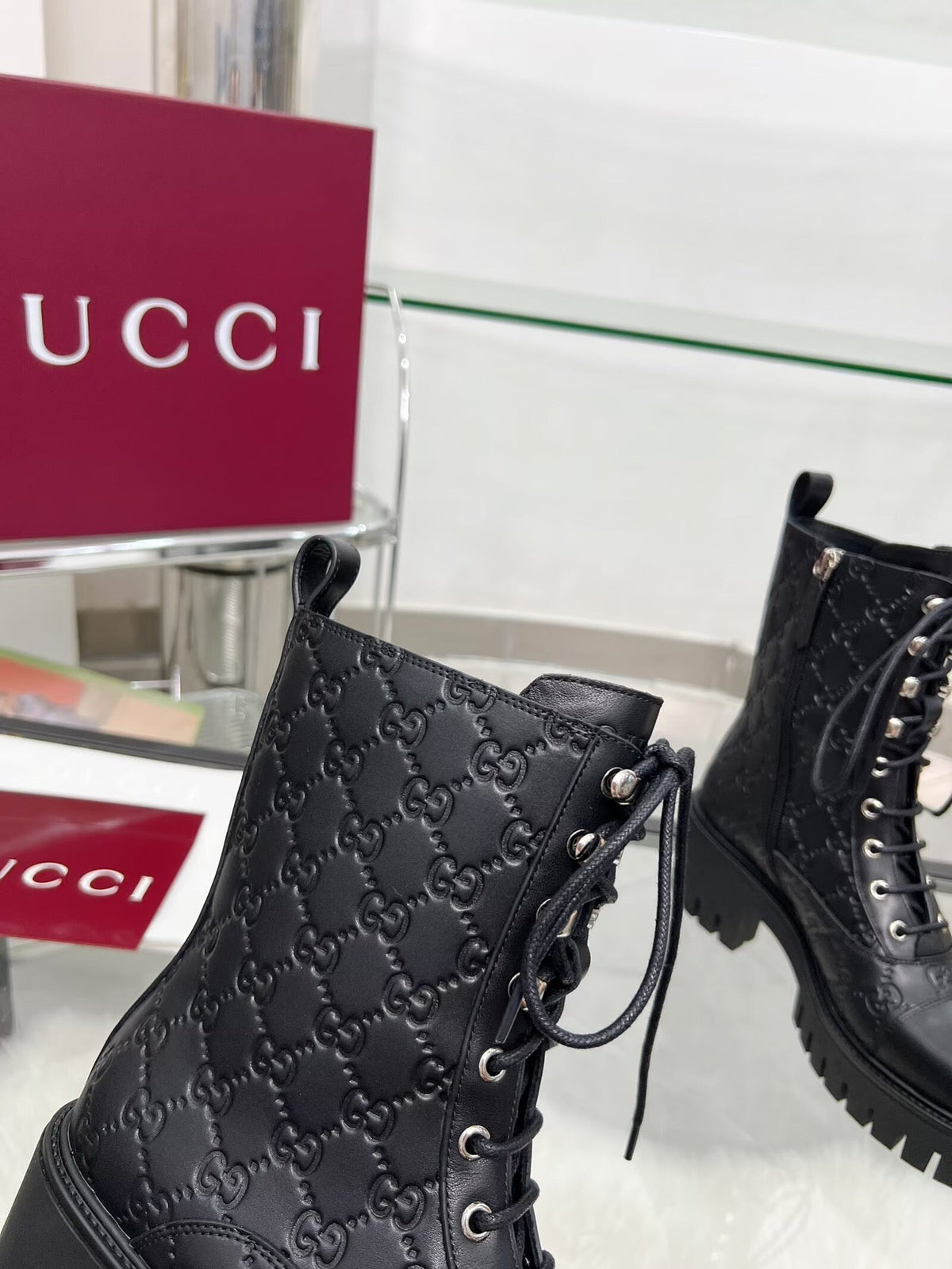 GG Platform Combat Boots Black Logo Embossed Cowhide 476791
