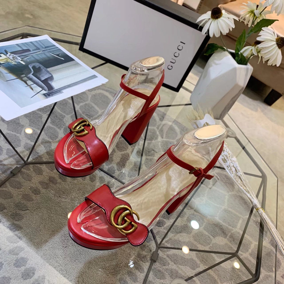 GG 26s Marmont Sandals 10cm Sandals Red Leather 926707