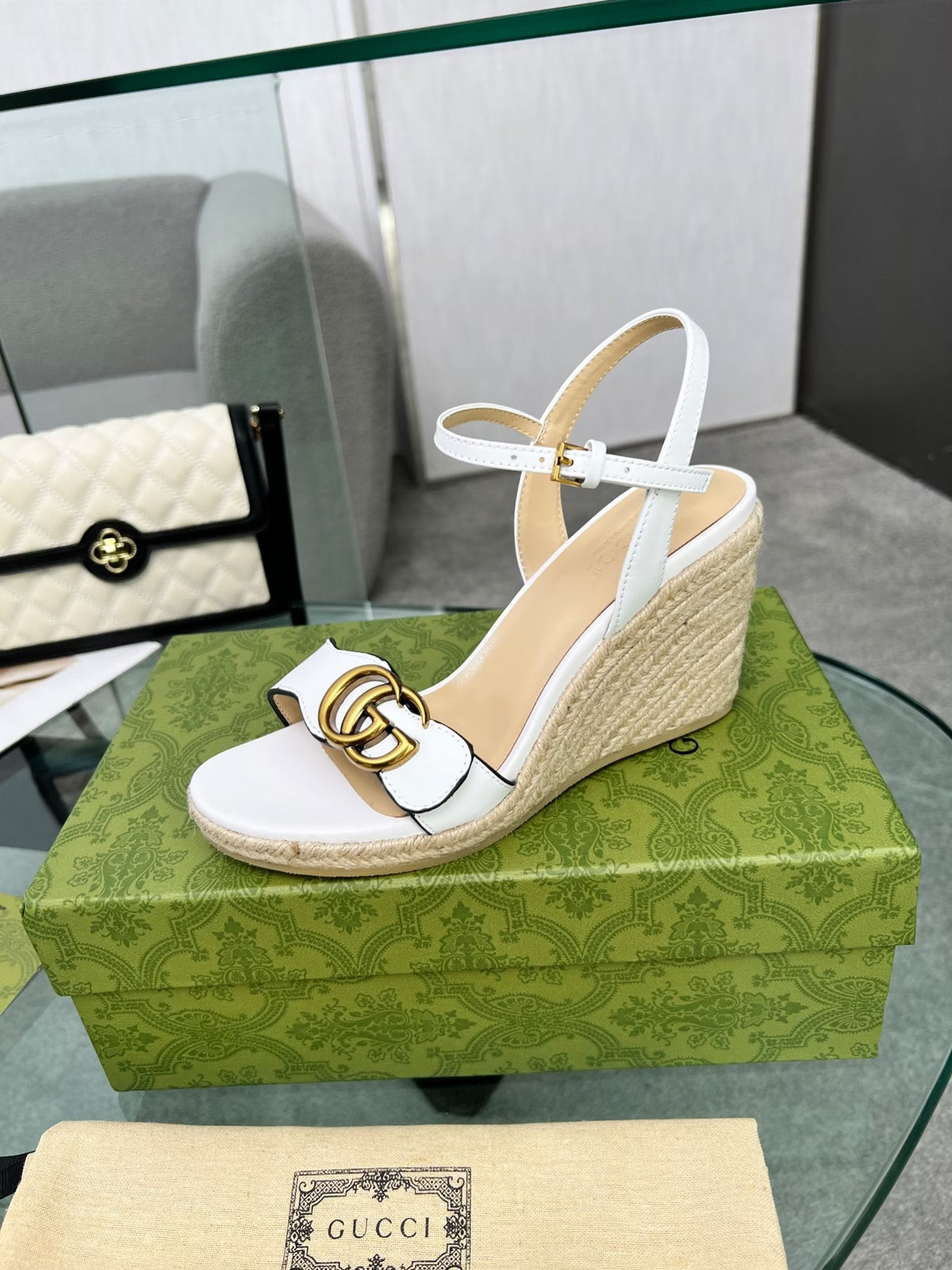 GG 26s Straw Platform Sandals 8cm White Leather 926709