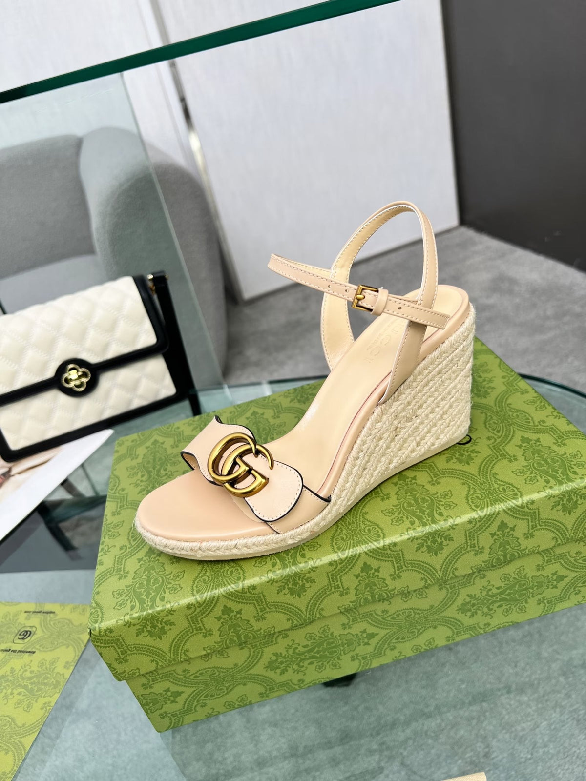 GG 26s Straw Platform Sandals 8cm Light Pink Leather 926713
