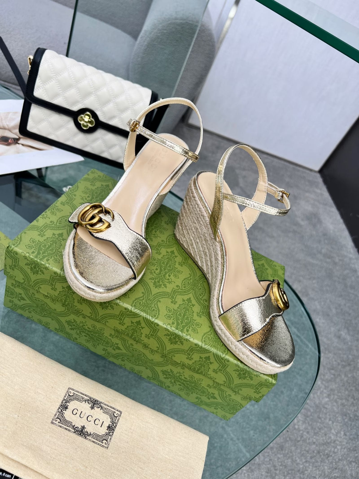 GG 26s Straw Platform Sandals 8cm Light Gold Metalic Leather 926714