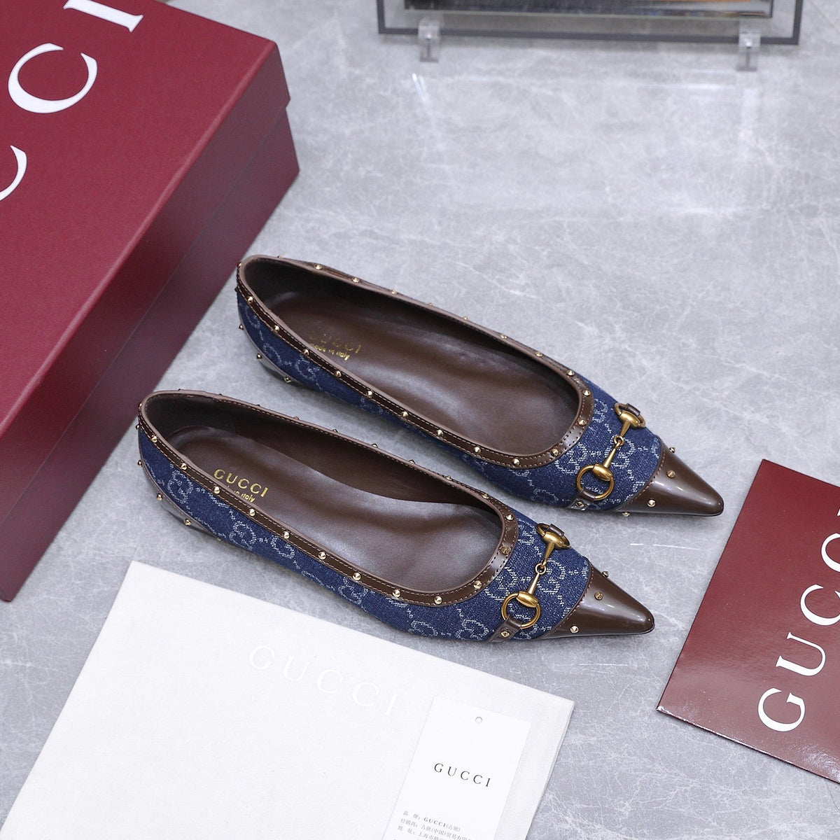 GG Savoy Ballerina Blue Brown Denim Leather 864282