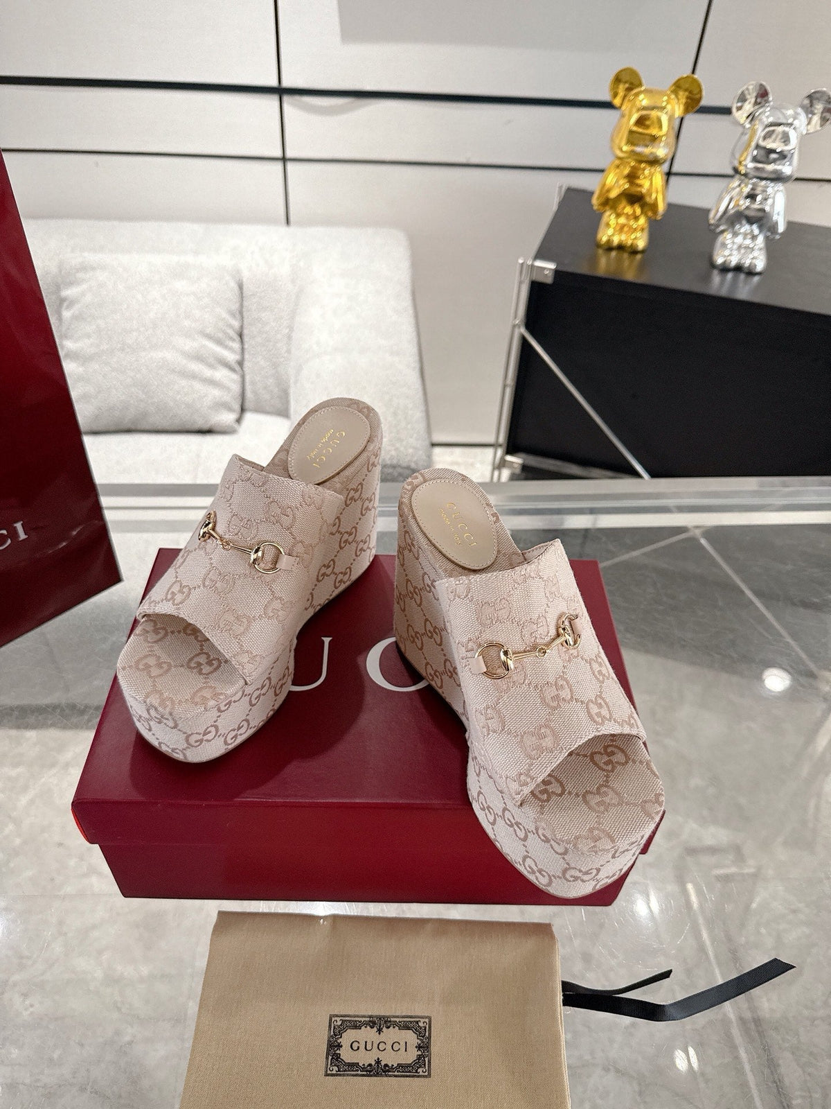 GC Wedge With Horsebit Sandal Beige Canvas 292423
