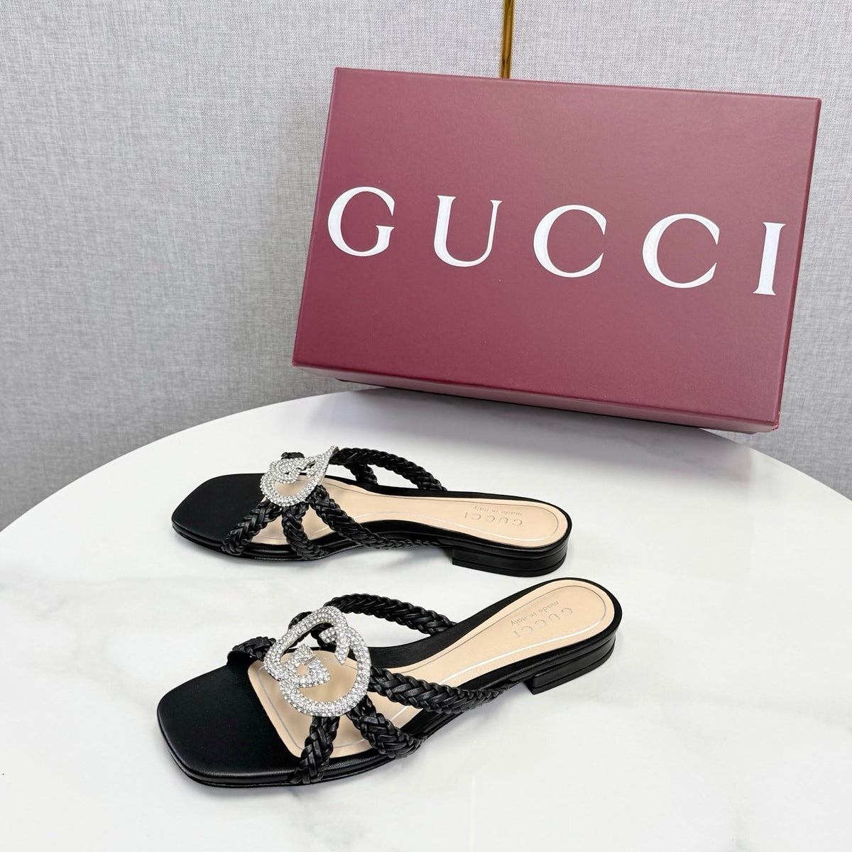 GG 26s Slippers With Crystal Interlocking G Black Leather 639929