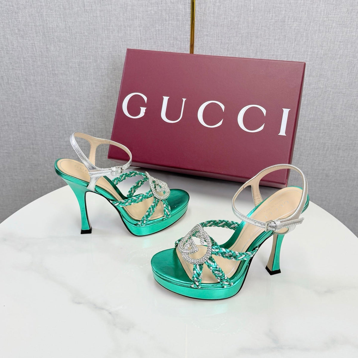GG 26s Sandals 10.5cm With Crystal Interlocking G Teal Green Leather 639954