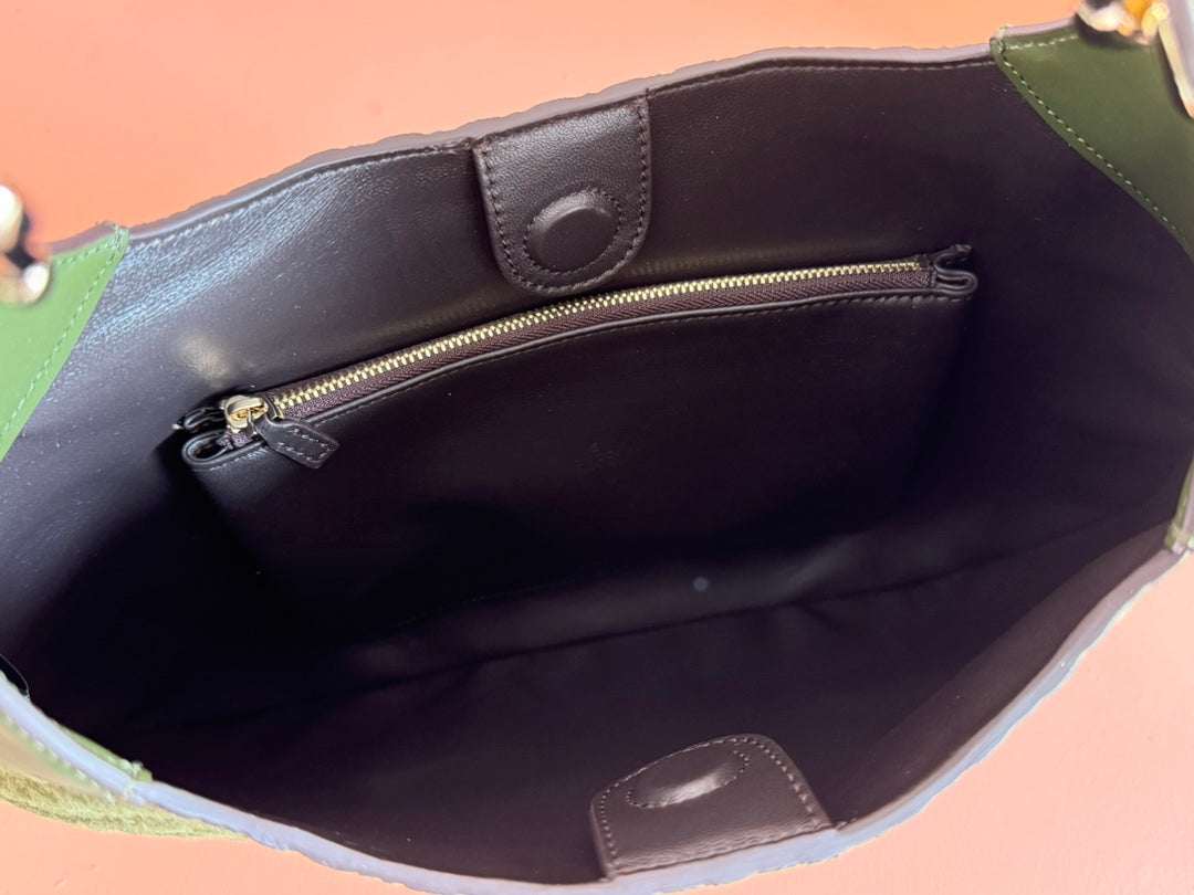 Gucci Body Double Lock Handbag Green Velvet Embossed Leather 244511