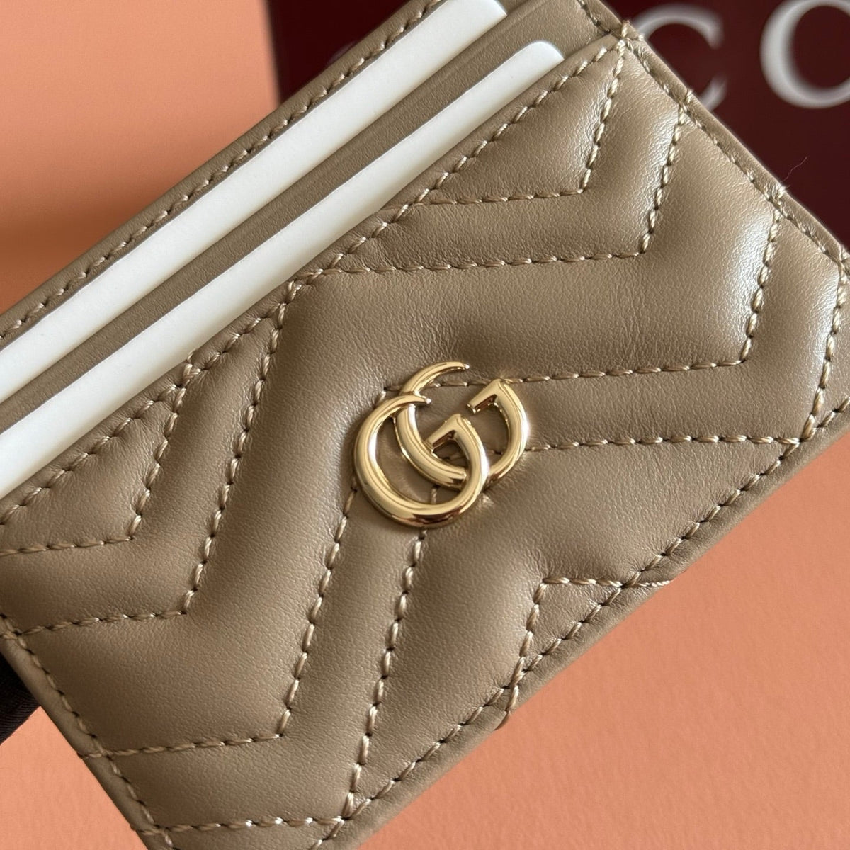 GG Marmont Quilted Card Holder Taupe Matelassé Leather