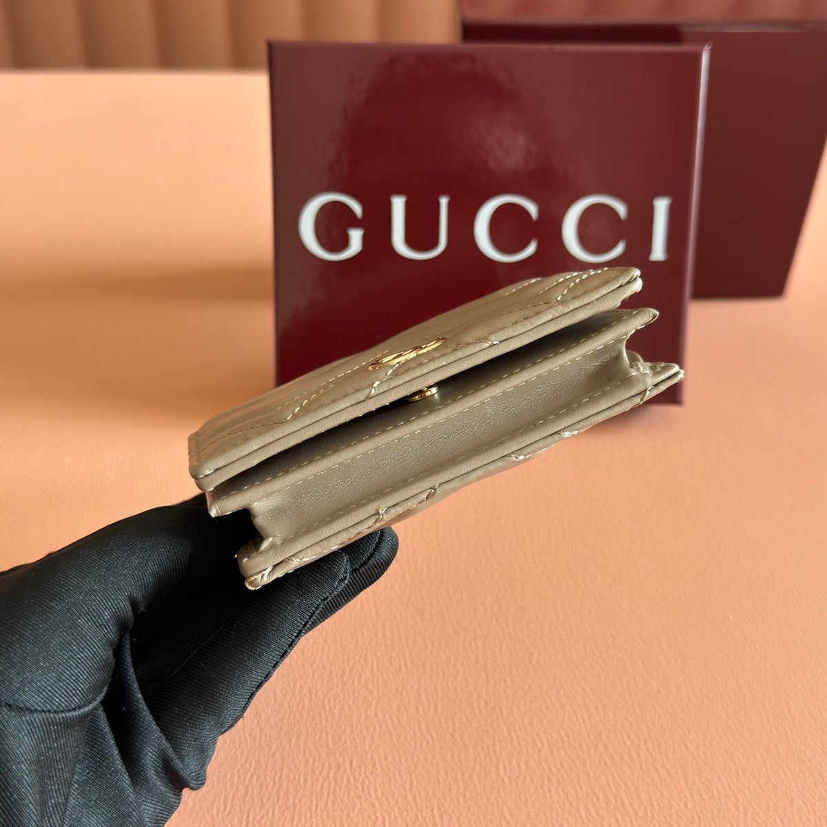 GG Marmont Quilted Card Holder Taupe Matelassé Leather