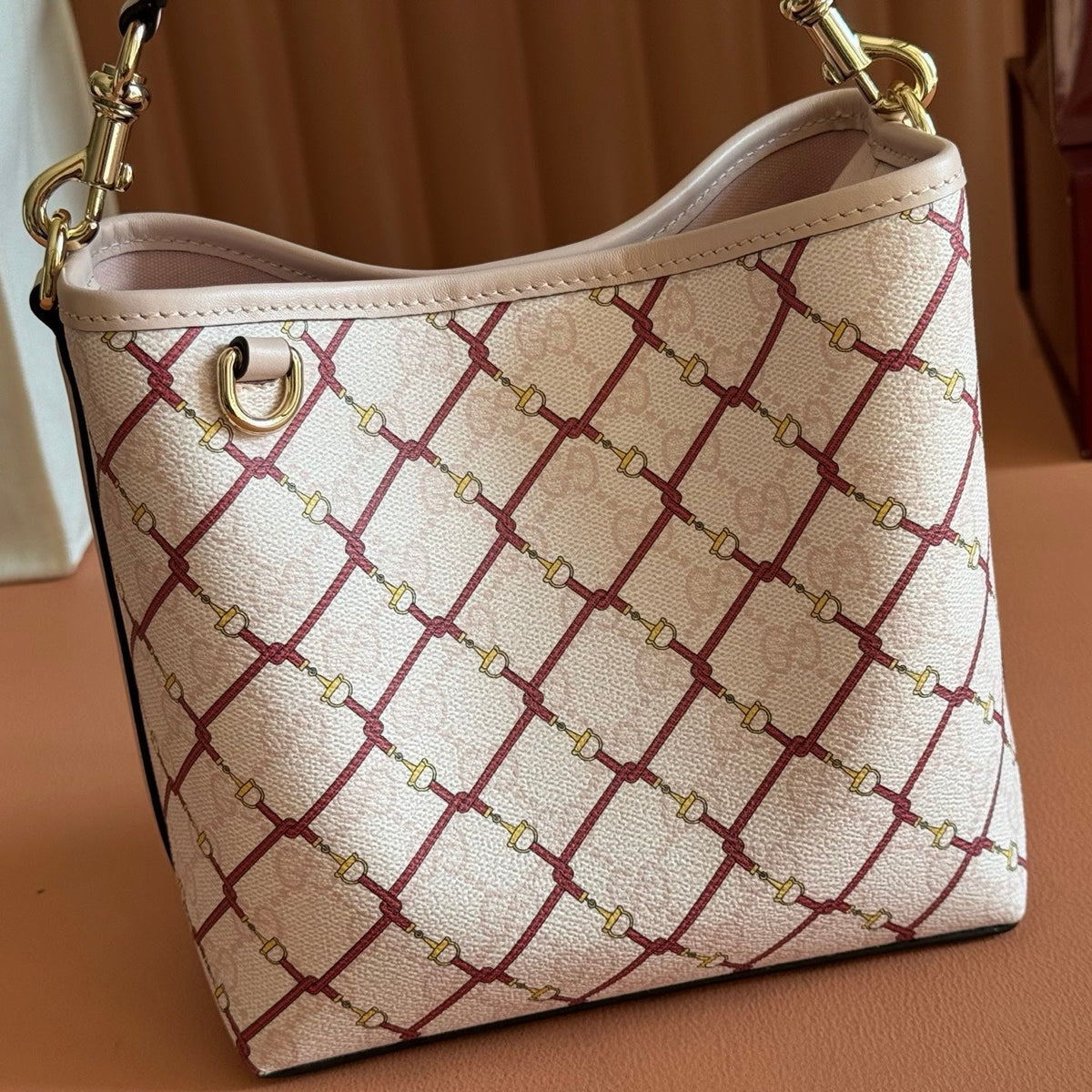 GG Emblem Small Bucket Bag Pink Red GG Fabric