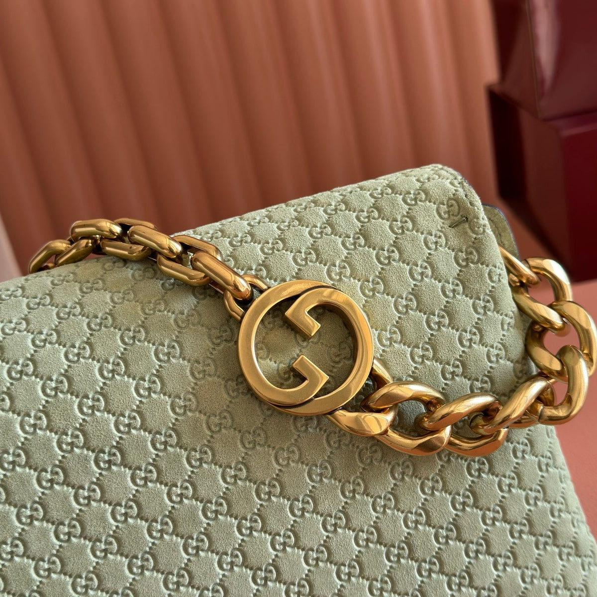 GG Medium Shoulder Bag With Chain Light Olive Green GG Suede