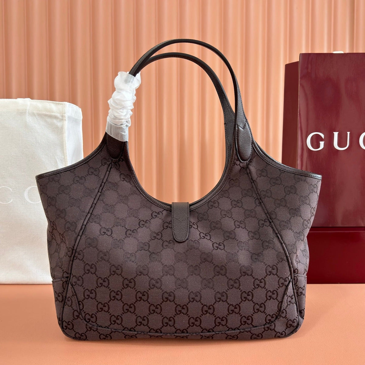 GG Mercato Medium Tote Bag Dark Brown Canvas