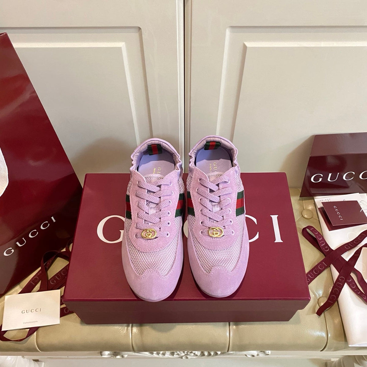 Gucci 26s Sneaker In Light Purple Suede And Mesh Fabric