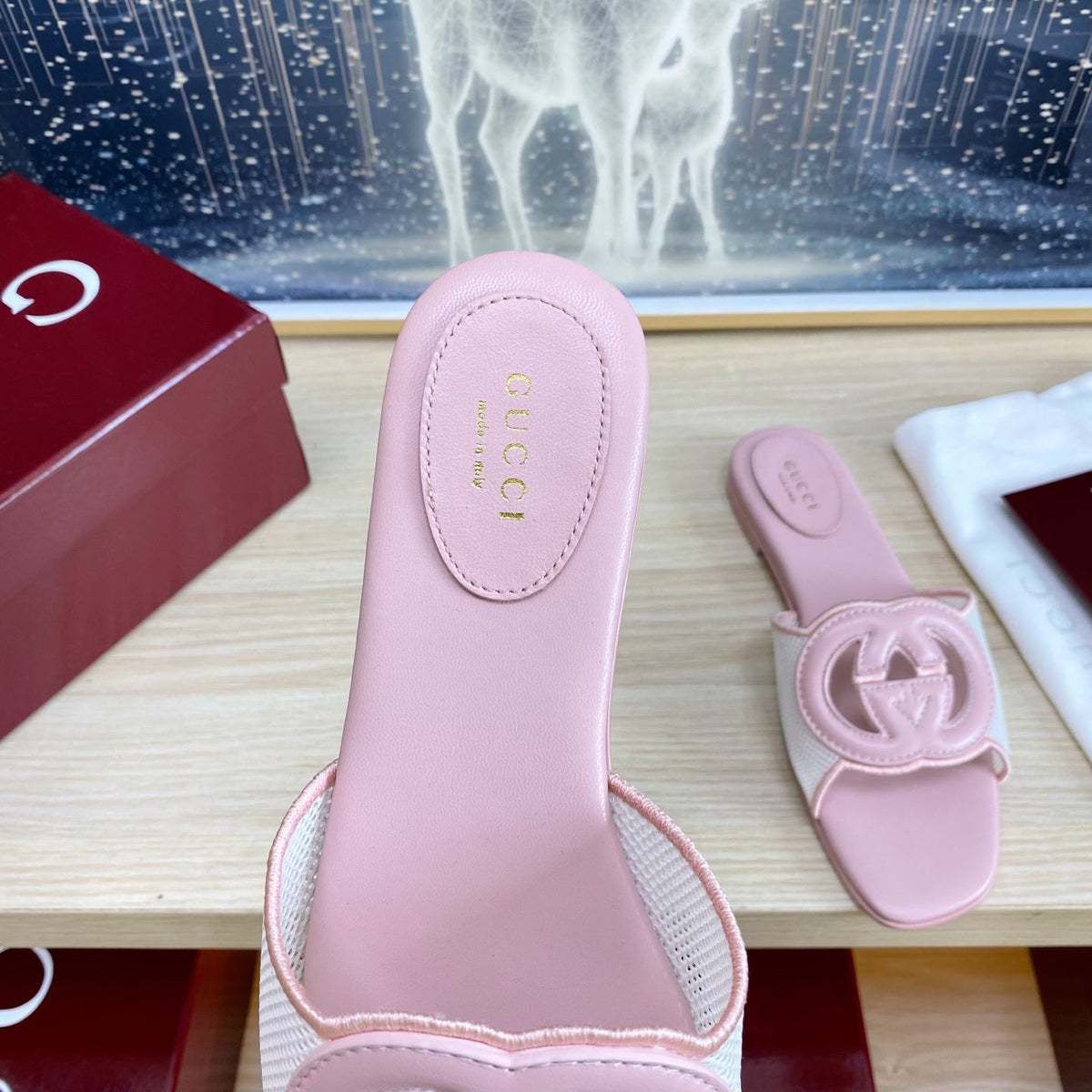 GC Interlocking G Slide Sandal Pink Canvas Cowhide 295433