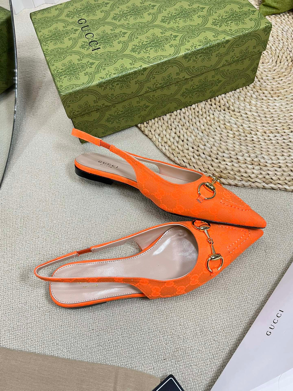 GC Horsebit Slingback Pump 10mm Orange Canvas Sheepskin 294540