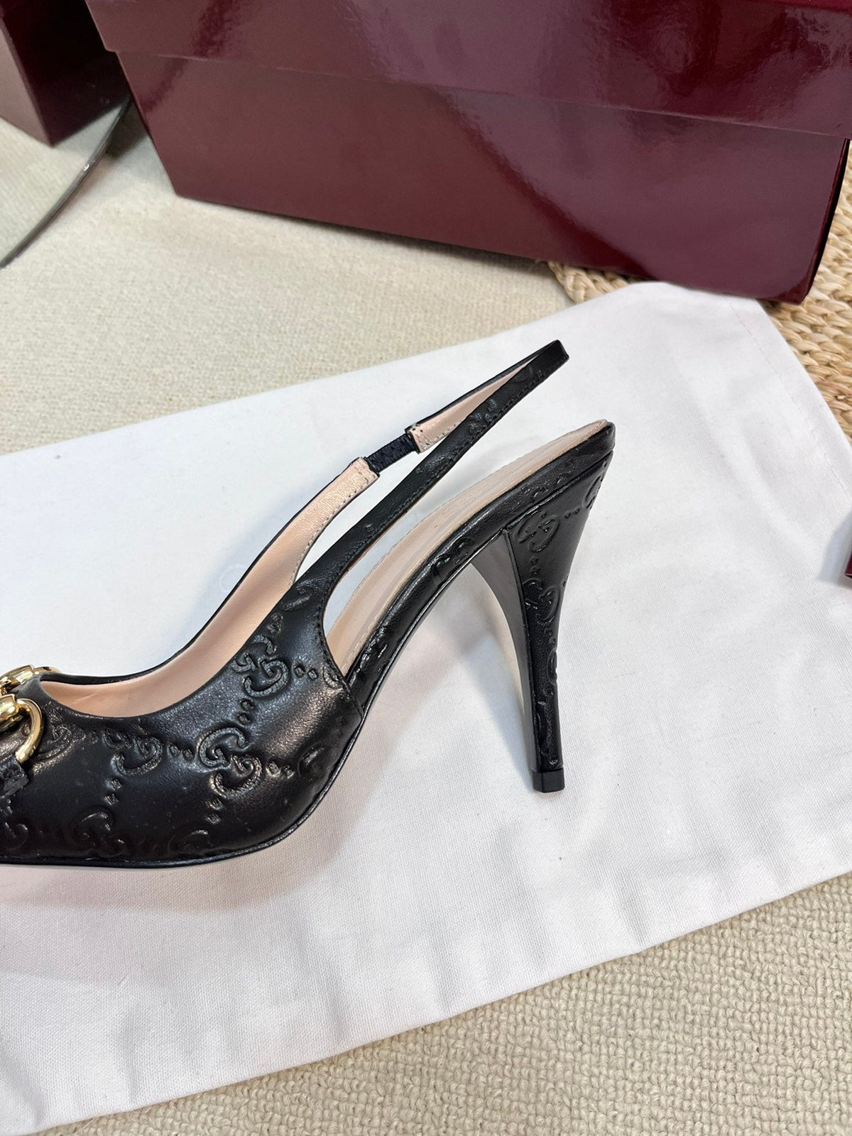 GC Horsebit Slingback Pump 100mm Black Embossed Sheepskin 294581