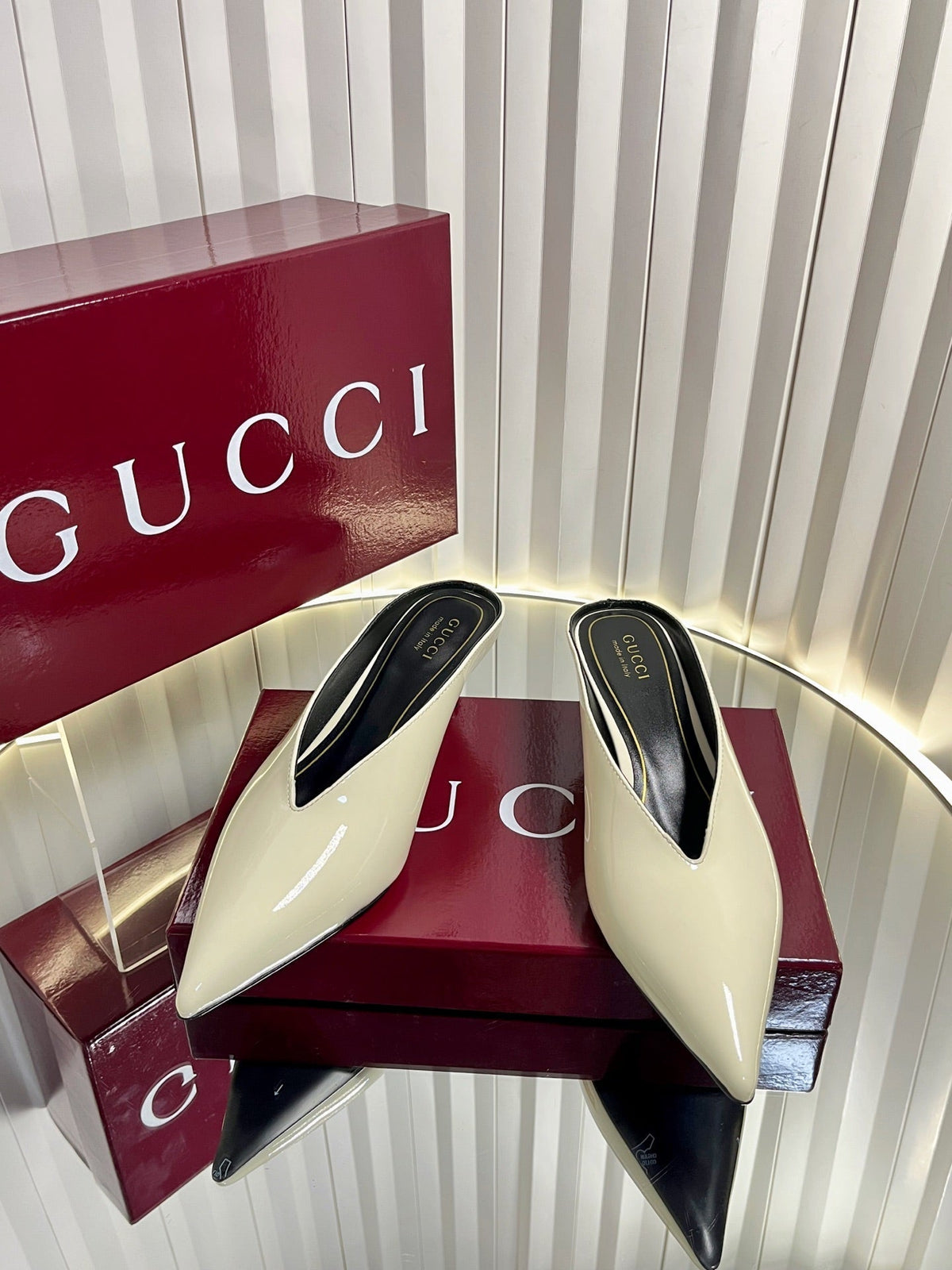 GG Women's Heeled Mules 50mm Cream Patent Leather 548396