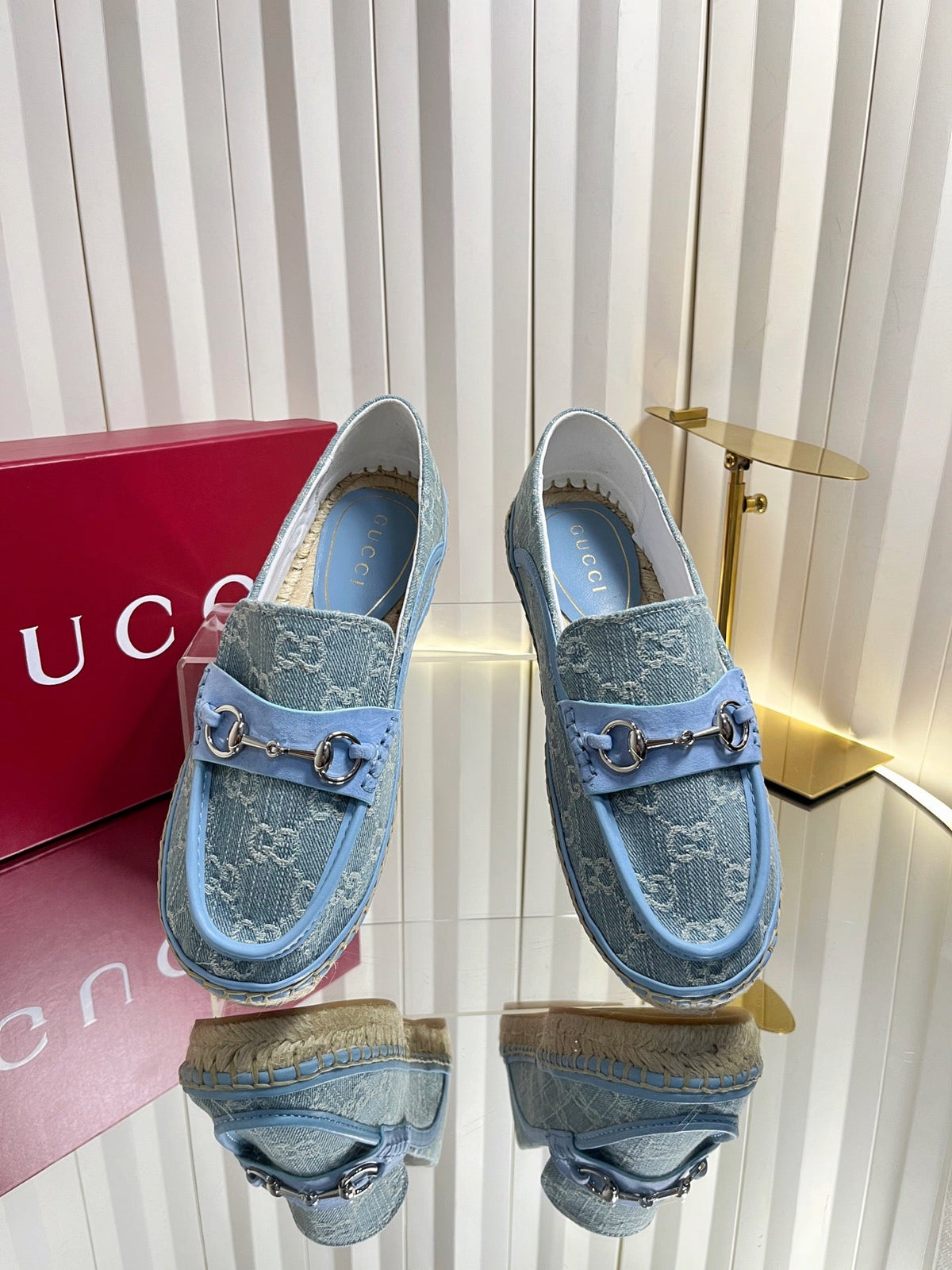 GG 26s Horsebit Espadrilles Flat Light Blue Canvas Suede 768176