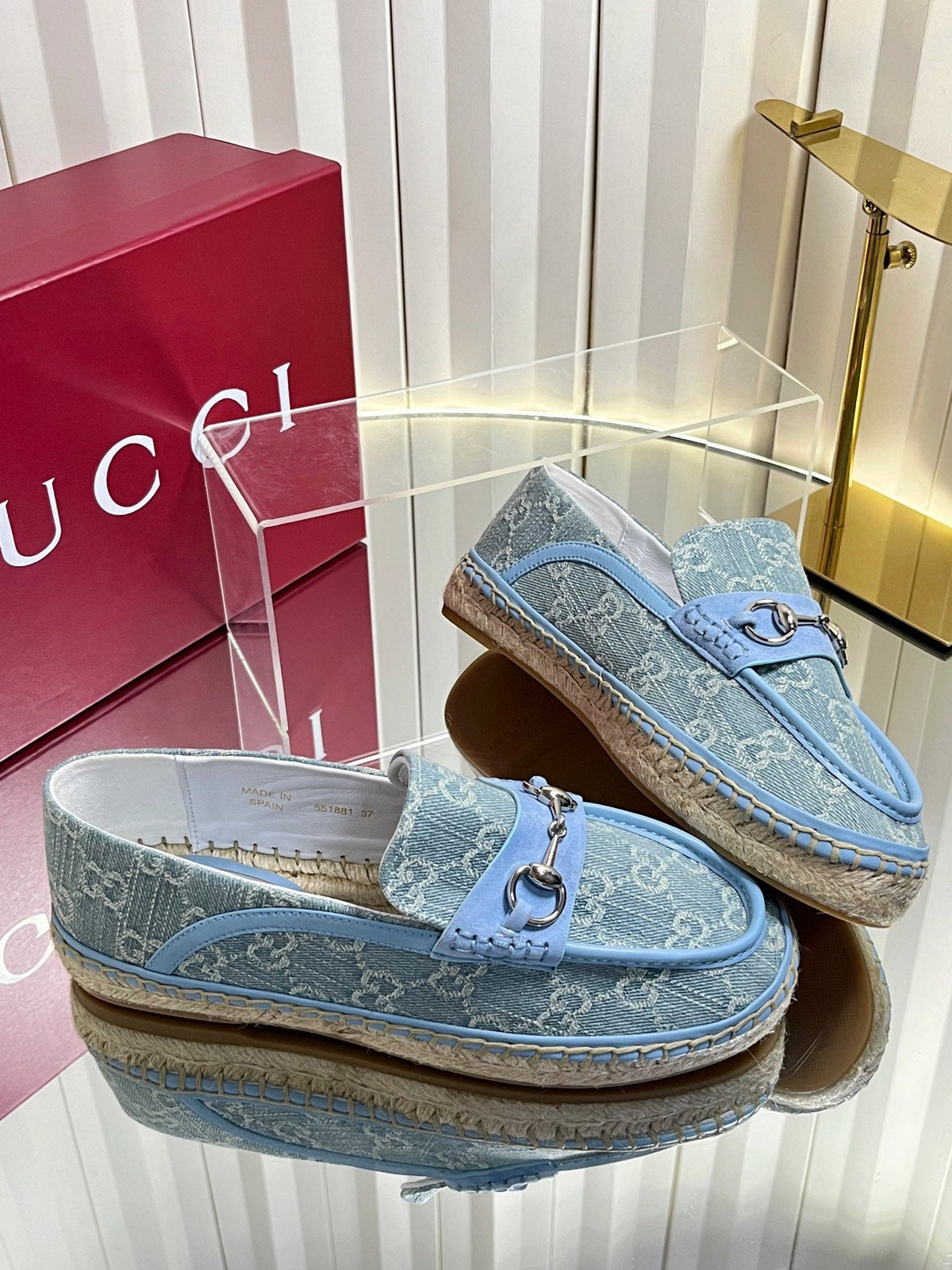 GG 26s Horsebit Espadrilles Flat Light Blue Canvas Suede 768176